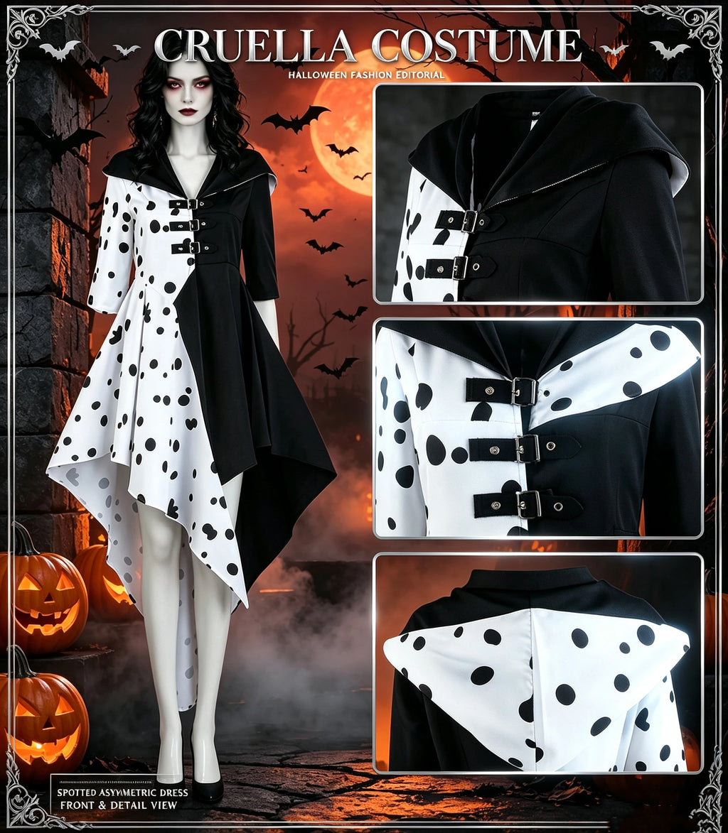 cruella de Ville, women's black and white spotted dog costume
