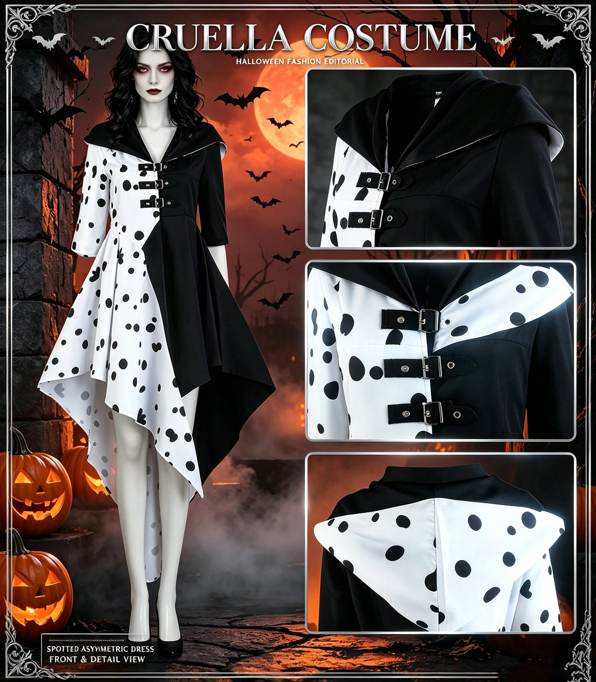 cruella de Ville, women's black and white spotted dog costume