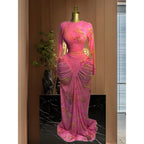 Tie Dye Printed Stacked Ruched Midi Bodycon Maxi Dress