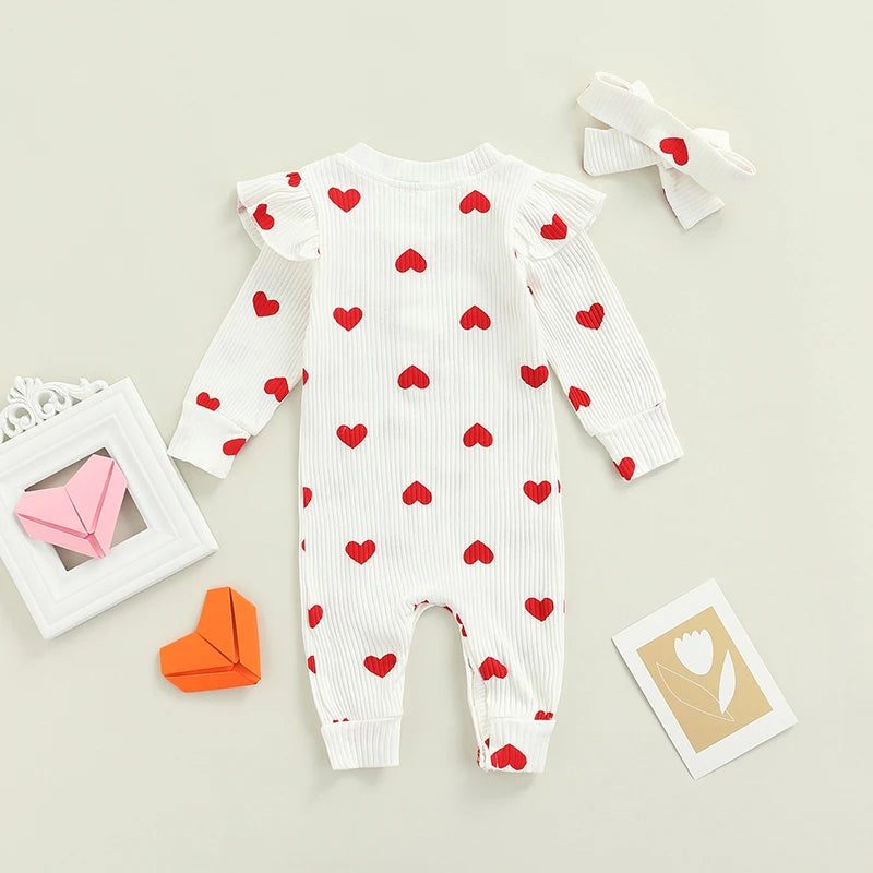 Newborn Baby Girls Romper Ruffle Ribbed Bodysuit Heart Jumpsuit with Headband Outfits 0-18M