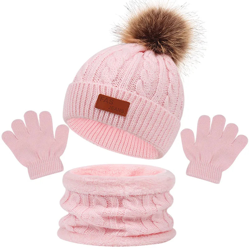 3Pcs Winter Baby beanie hat and scarfs with gloves