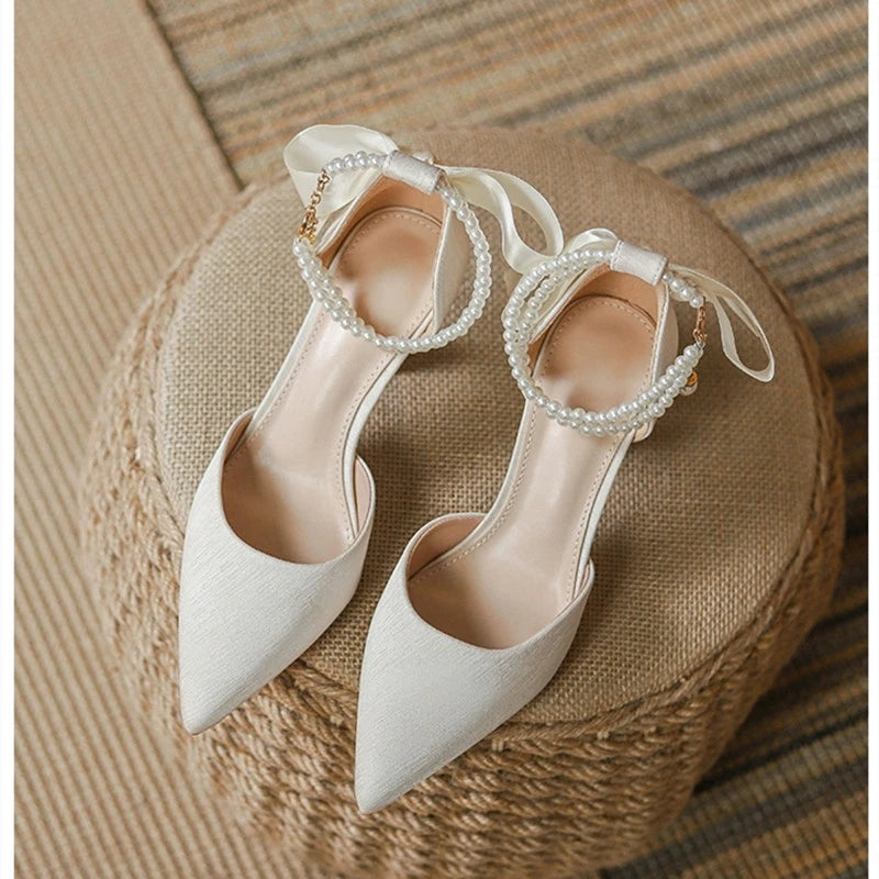 String Bead Pearls High Heels