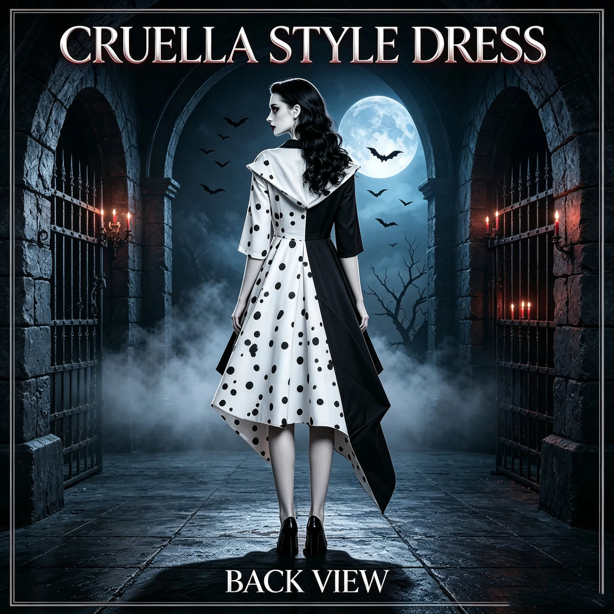 cruella de Ville, women's black and white spotted dog costume