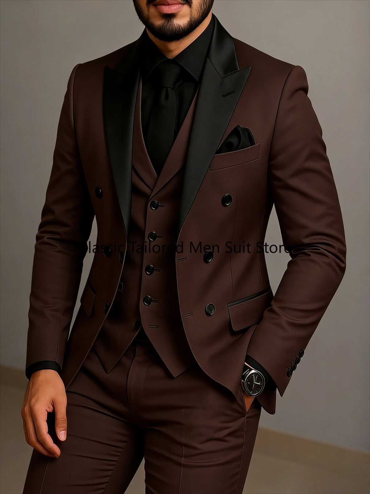 Black Lapel Beige Double Breasted Suit