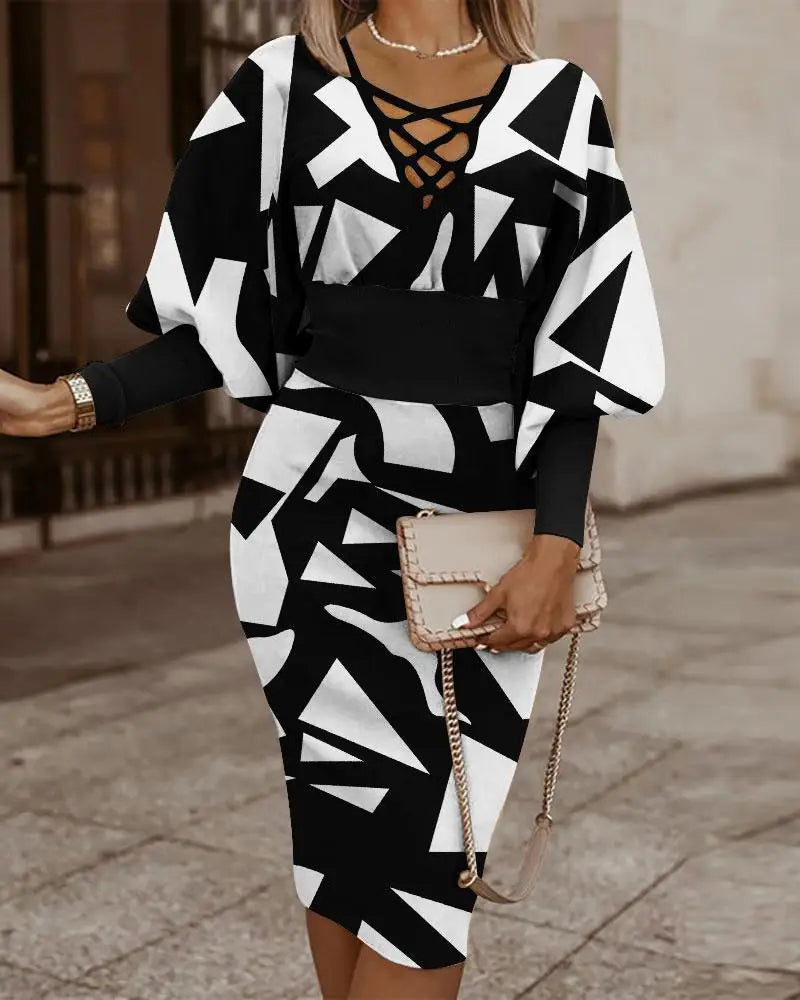 Elegant Maze Printed Long Sleeved Slim Fit Dress