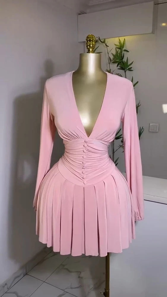 Summer Dresses Women's Sexy Long Sleeve Deep V-Neck Waist Gather Button Detail Sandy Casual Mini Length Dress Dropshipping