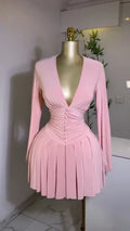 Summer Dresses Women's Sexy Long Sleeve Deep V-Neck Waist Gather Button Detail Sandy Casual Mini Length Dress Dropshipping