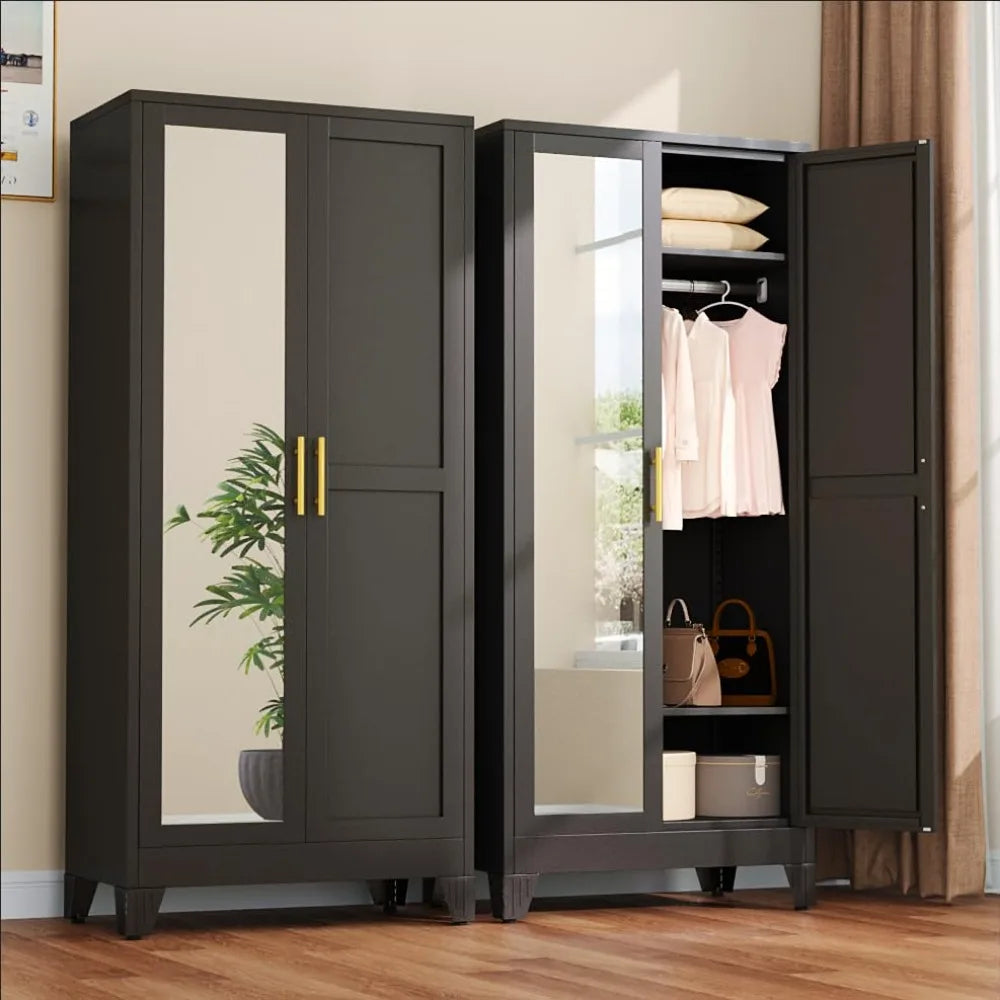 71" Metal Wardrobe Armoire 2 Mirror Doors