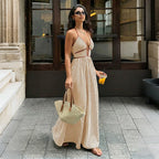 Women Summer Dresses 2026 New Backless Halter Sleeveless Deep V-Neck High Waist Dress Female Sexy Holiday Beach Striped Dress