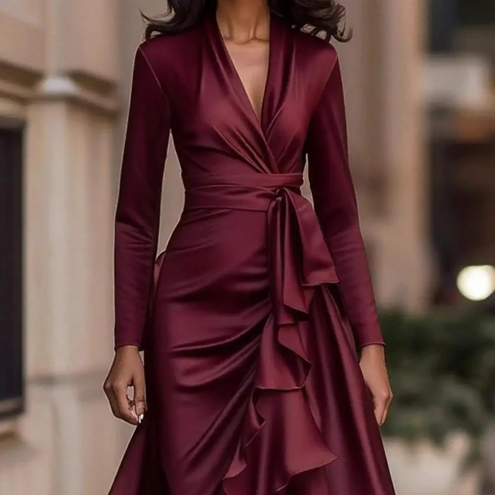 Evening Dress V Neck High Waist Slim Fit Ruffle
