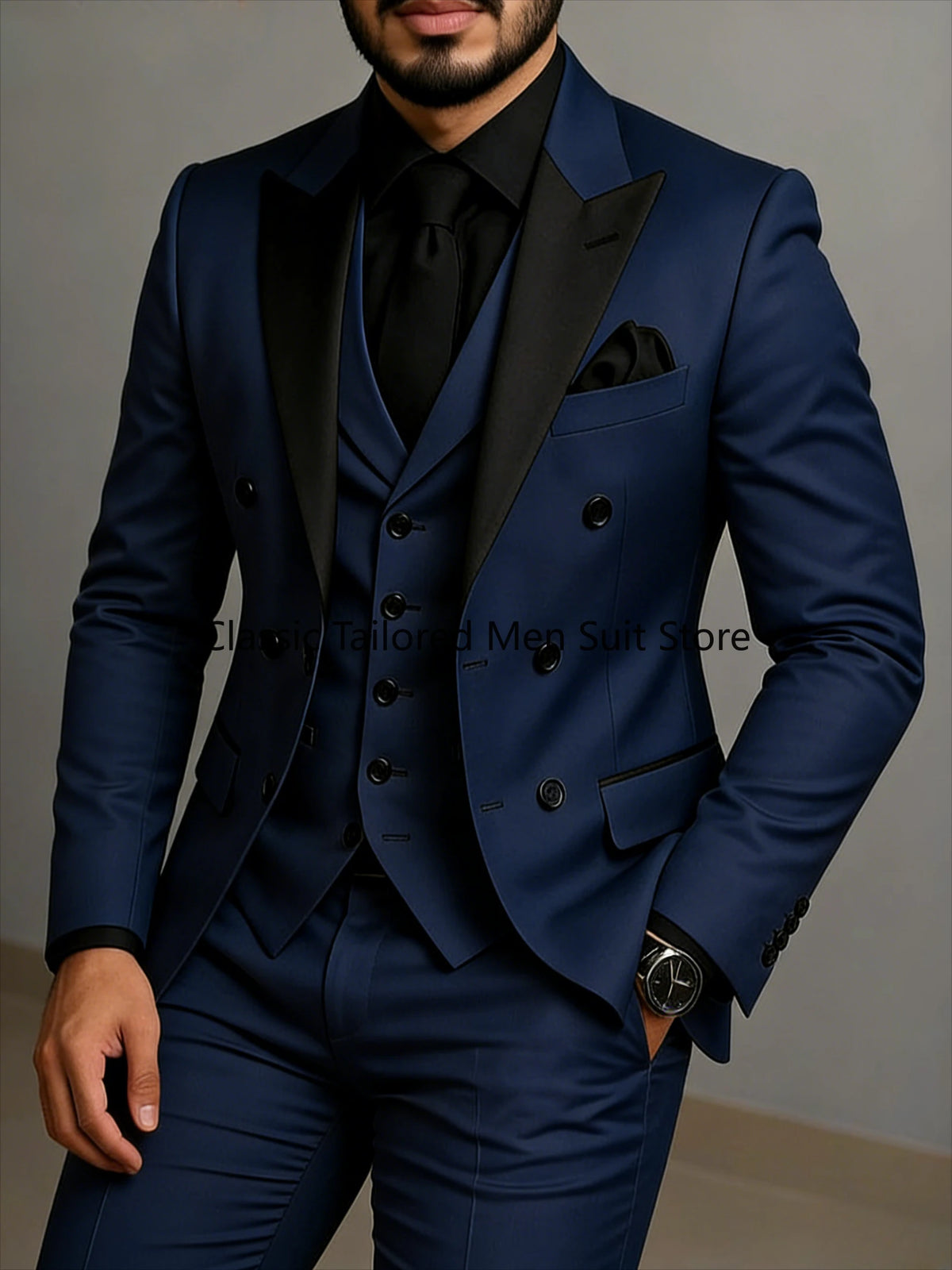 Black Lapel Beige Double Breasted Suit