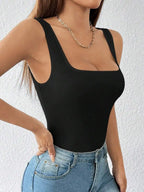 Black Solid Wide Strap Stretch Bodysuit