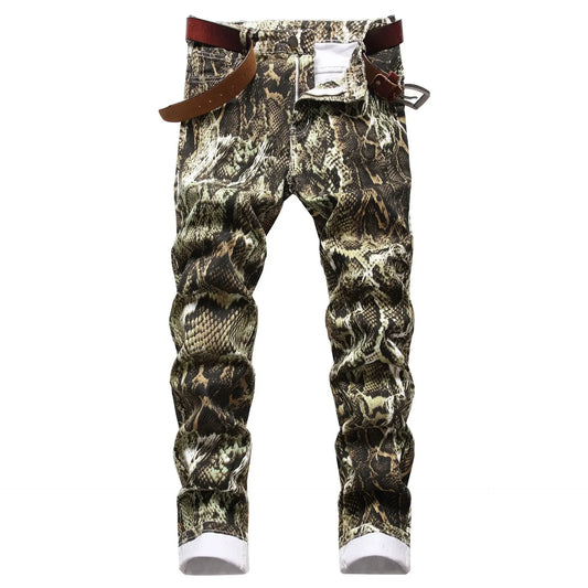 Punk Style Vintage Snake Pattern Printed Slim Jeans
