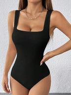 Black Solid Wide Strap Stretch Bodysuit