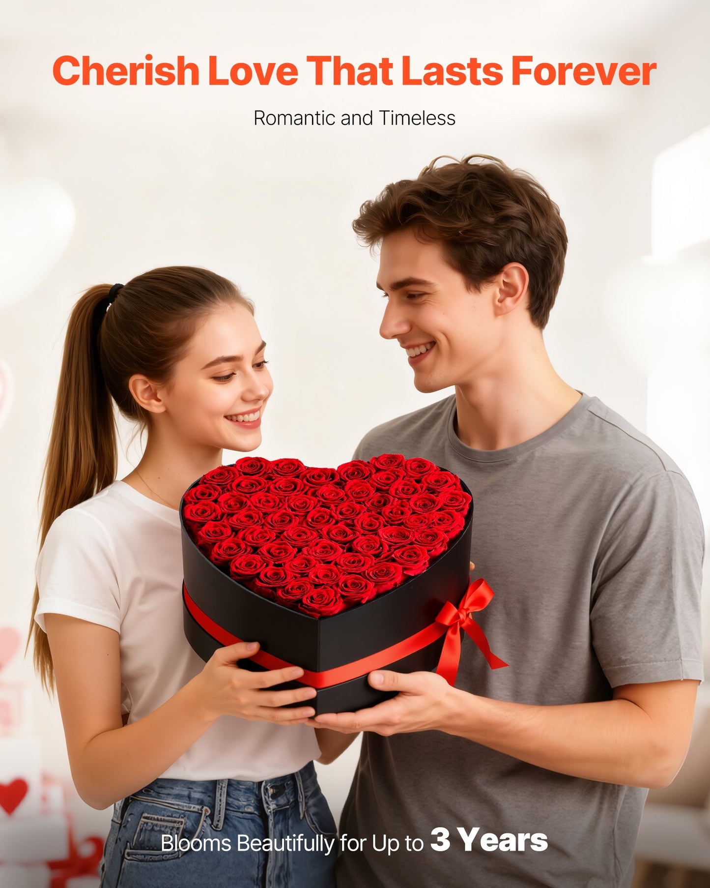 Forever Flowers, 50 Preserved Roses In A Heart Shape Box